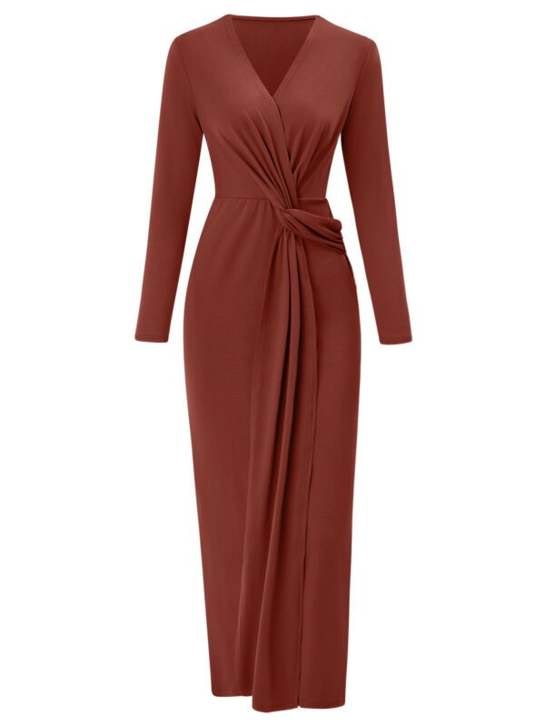 Faux Wrap Dress With Long Sleeves - Solid Color V-Neck Maxi Dress – Elegant Cinch Waist Dress - Image 3