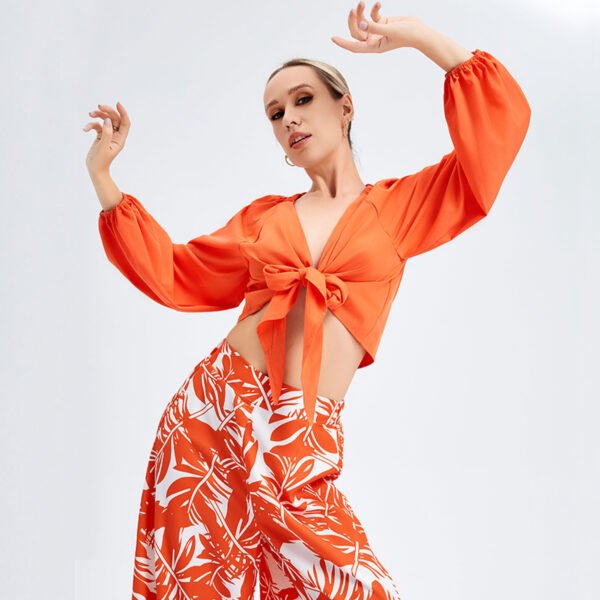 Orange Dress For Women - Stunning Long Lantern Sleeves Printed Co-ord Dress Set with Tie Front Top