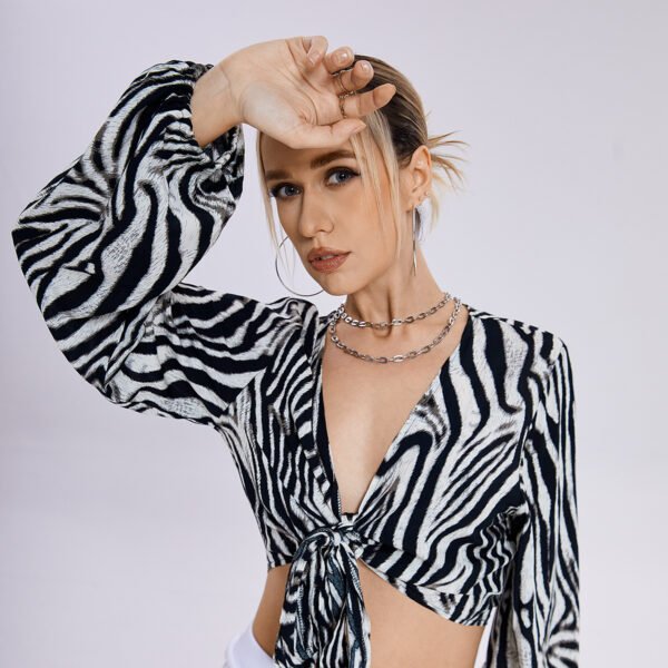 Zebra Print Top - Flirty Front Tie V-neck Midriff Crop Top - Long Loose Sleeves Animal Print Women's Top - Image 4