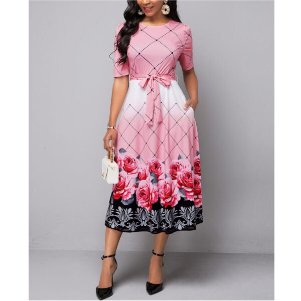 Pink Floral Dress - Elegant Rose Floral Print Midi Dress - Belted Round Neck Dress - Image 2