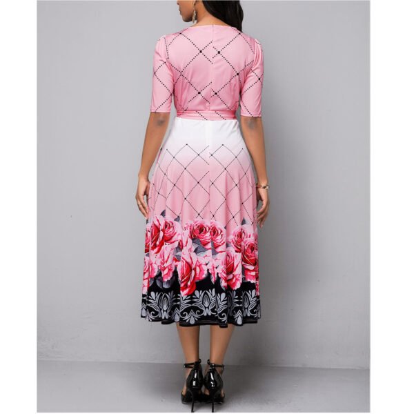 Pink Floral Dress - Elegant Rose Floral Print Midi Dress - Belted Round Neck Dress - Image 5