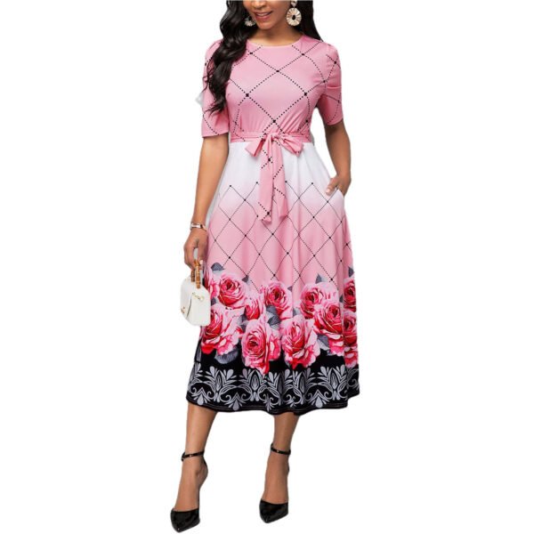 Pink Floral Dress - Elegant Rose Floral Print Midi Dress - Belted Round Neck Dress - Image 6