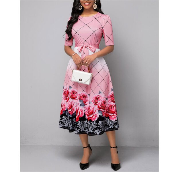 Pink Floral Dress - Elegant Rose Floral Print Midi Dress - Belted Round Neck Dress