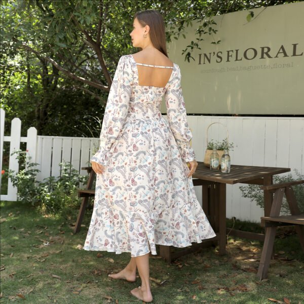 Square Neck Floral Dress - Elegant Square Neckline Floral Tea Length Dress with Long Sleeves - Image 5