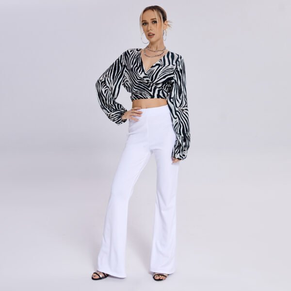 Zebra Print Top - Flirty Front Tie V-neck Midriff Crop Top - Long Loose Sleeves Animal Print Women's Top - Image 7