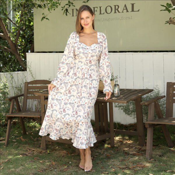 Square Neck Floral Dress - Elegant Square Neckline Floral Tea Length Dress with Long Sleeves - Image 2