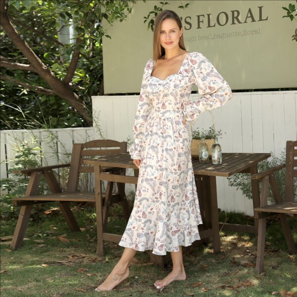 Square Neck Floral Dress - Elegant Square Neckline Floral Tea Length Dress with Long Sleeves - Image 4