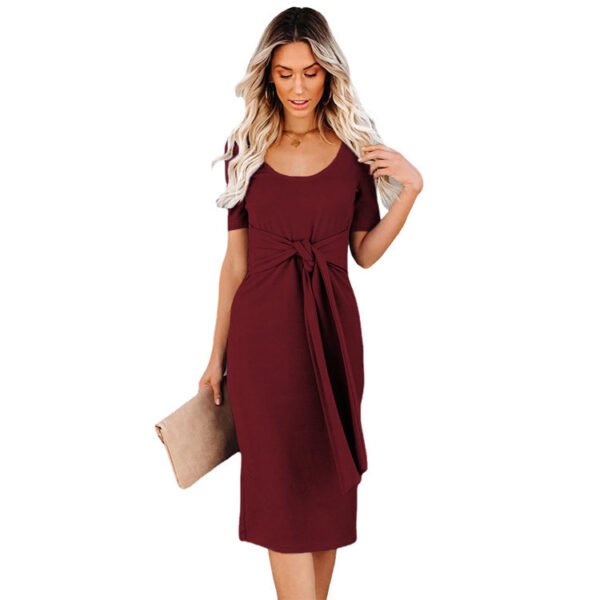 Round Neck Dress with Sleeves - Knot Dress with Sleeves - Solid Color Midi Dress - Image 2