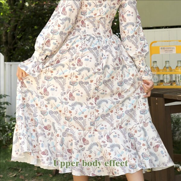 Square Neck Floral Dress - Elegant Square Neckline Floral Tea Length Dress with Long Sleeves - Image 9