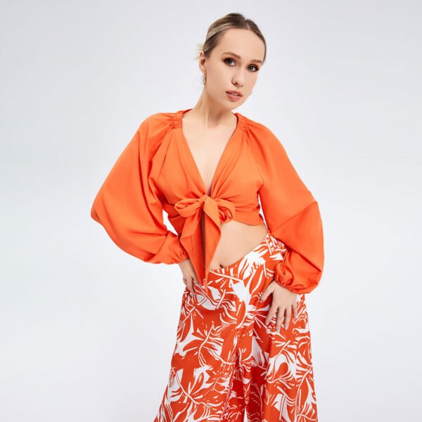 Orange Dress For Women - Stunning Long Lantern Sleeves Printed Co-ord Dress Set with Tie Front Top - Image 5