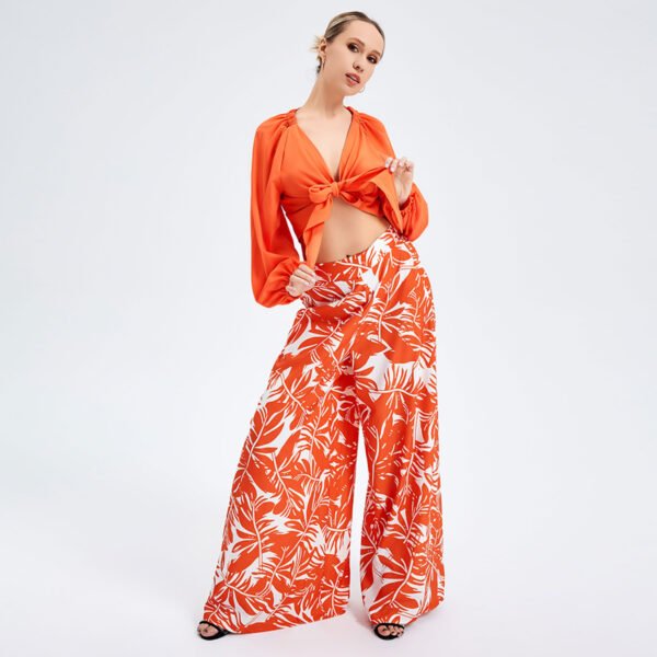 Orange Dress For Women - Stunning Long Lantern Sleeves Printed Co-ord Dress Set with Tie Front Top - Image 8