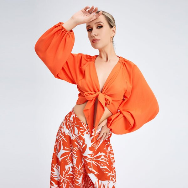 Orange Dress For Women - Stunning Long Lantern Sleeves Printed Co-ord Dress Set with Tie Front Top - Image 2