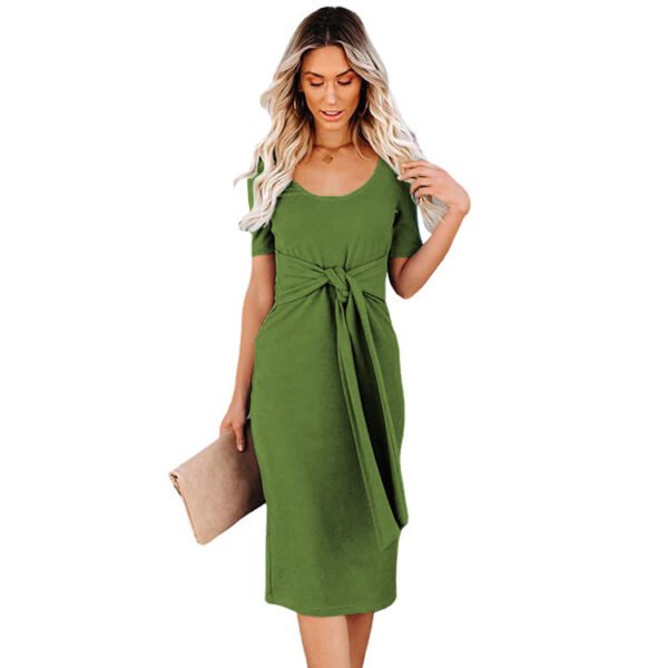 Round Neck Dress with Sleeves - Knot Dress with Sleeves - Solid Color Midi Dress - Image 4