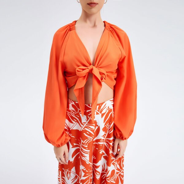 Orange Dress For Women - Stunning Long Lantern Sleeves Printed Co-ord Dress Set with Tie Front Top - Image 3