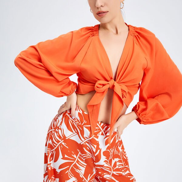 Orange Dress For Women - Stunning Long Lantern Sleeves Printed Co-ord Dress Set with Tie Front Top - Image 4