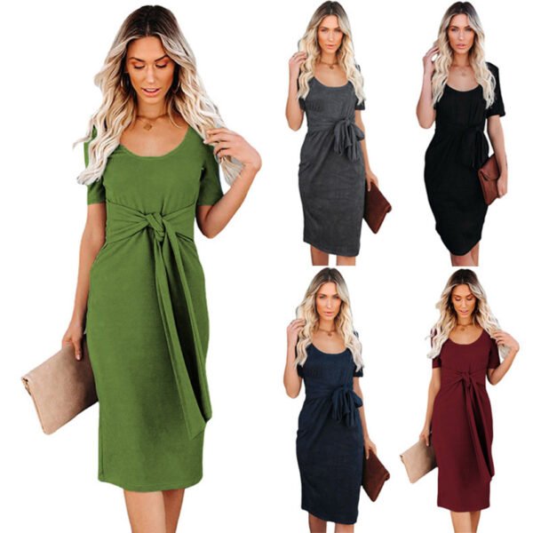 Round Neck Dress with Sleeves - Knot Dress with Sleeves - Solid Color Midi Dress