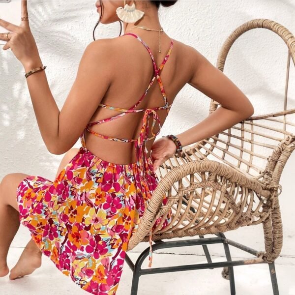 Beach Short Dress with Floral Prints and Lace-up - Image 3