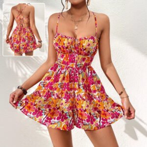 Beach Short Dress with Floral Prints and Lace-up